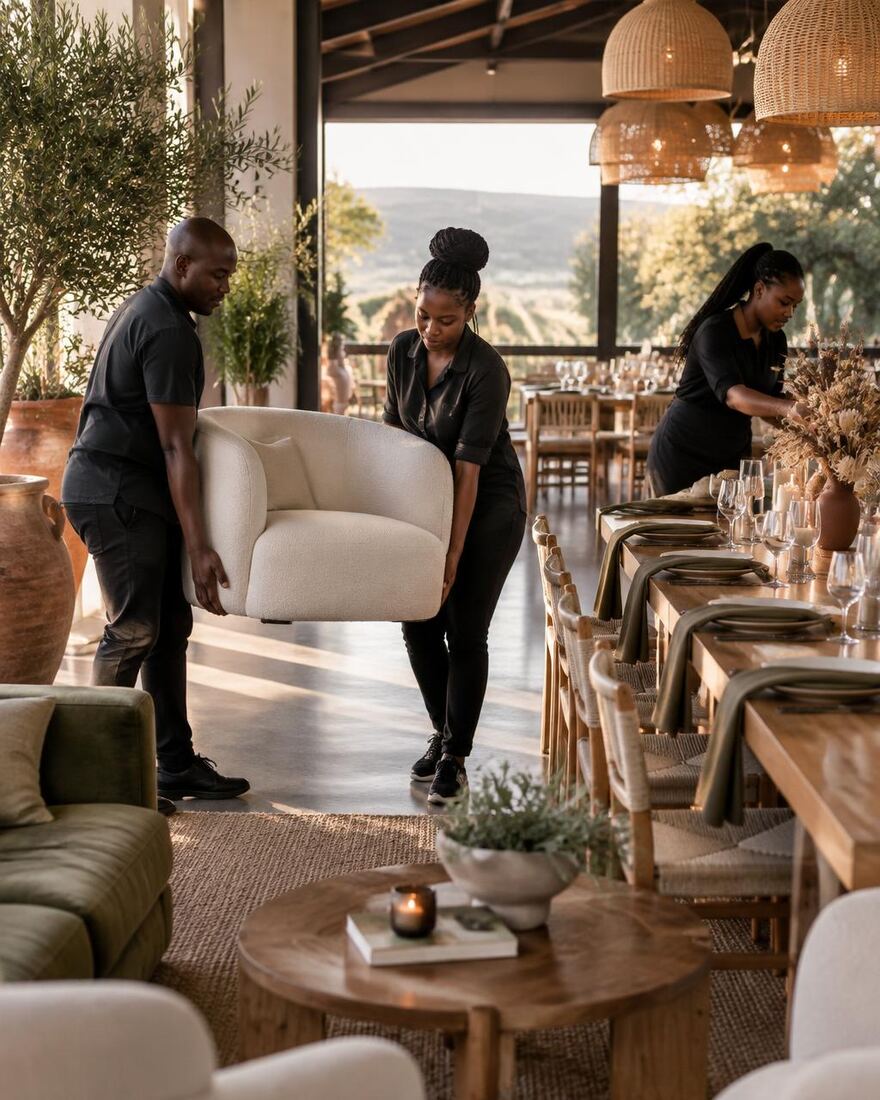 Event crew setting up furniture and table décor at an elegant venue