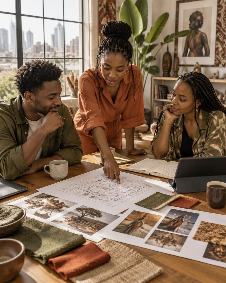 Creative team planning a cultural event around a table with a floor plan and mood board
