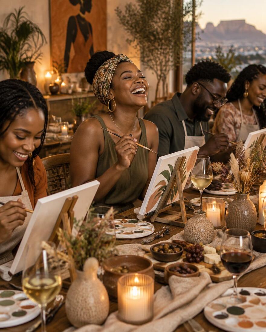 Guests laughing and painting together at an intimate Sip & Paint experience